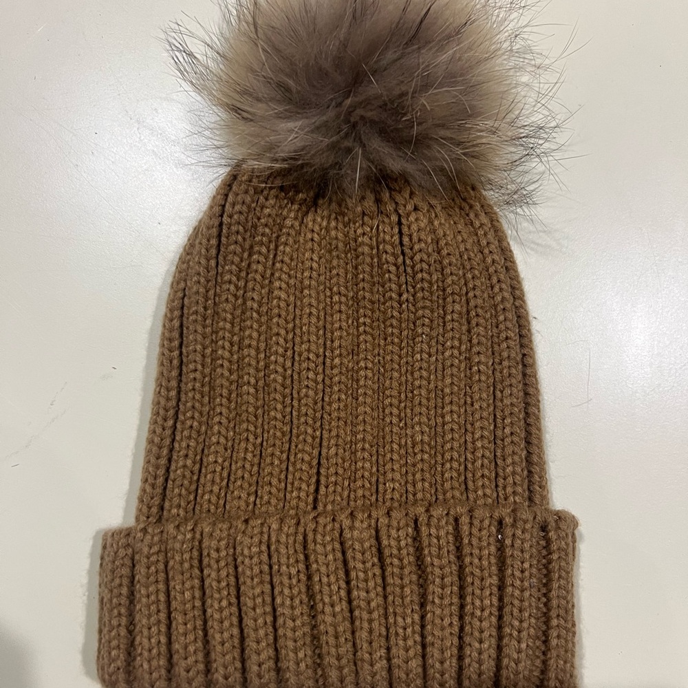 NWOT Cozy Brown Knit Beanie with Real Fur Pom